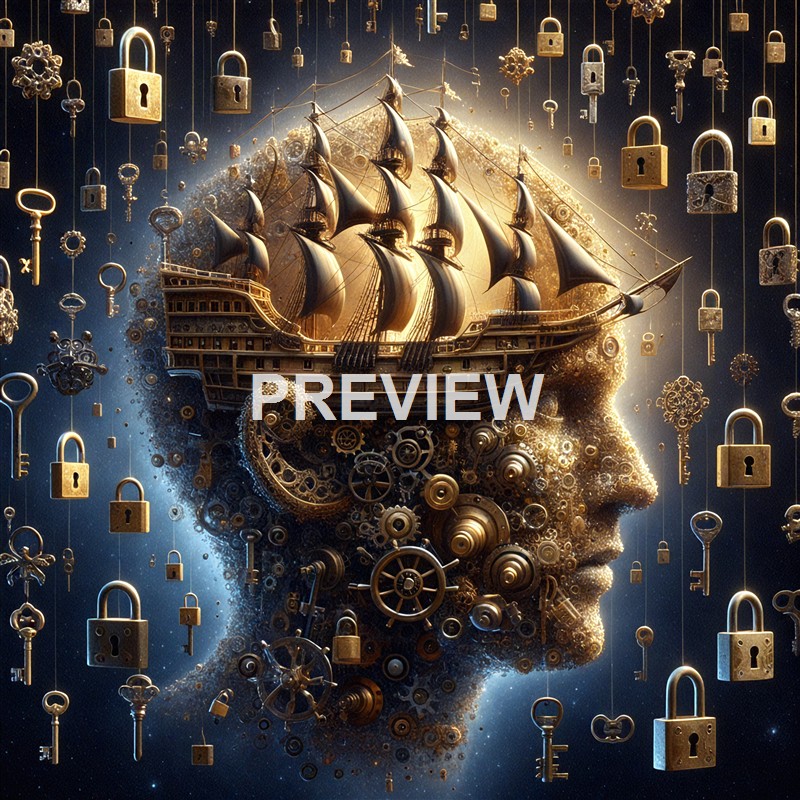 A surreal digital artwork depicting a human profile composed of gears and mechanical parts, with a sailing ship integrated into the head, surrounded by floating locks and keys.